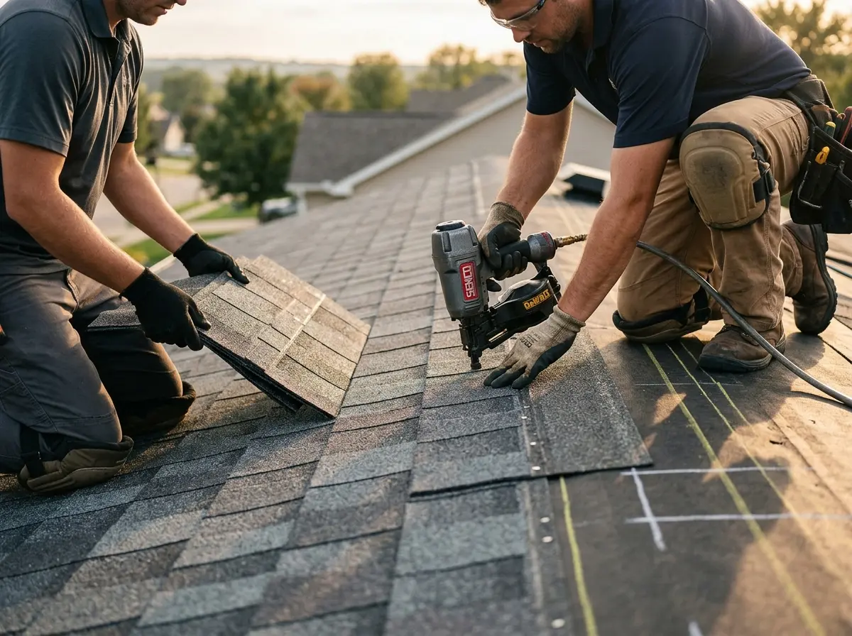 Professional roofer working on a residential roof in Sandpoint